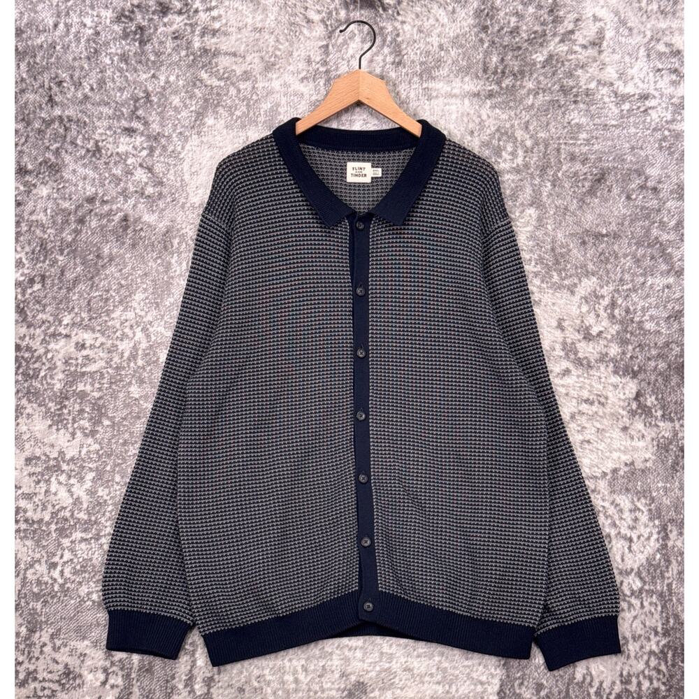 Flint & Tinder Birdseye Cotton Polo Cardigan 2XL Mens Knit Sweater Blue